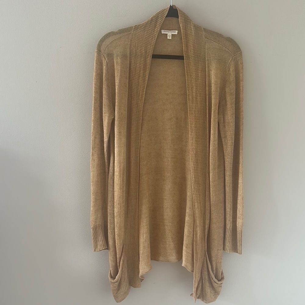 Eileen Fisher Linen Open Cardigan Sweater Tan Relaxed Sz Petite Medium Coastal